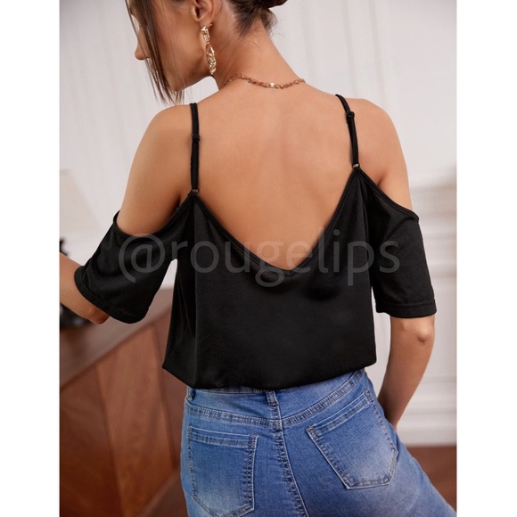 Black Casual Tee Shirt Cold Shoulder Short Sleeve - Picture 11 of 13